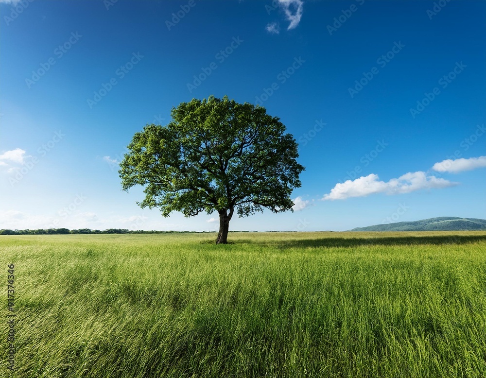 A tree stands tall in the middle of a vast grassy field under the clear blue sky. A tree stands tall in the middle of a vast grassy field under the clear blue sky.