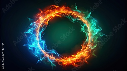 Electrifying fire ring with intense blue and red flames against a dark green background , fire, ring