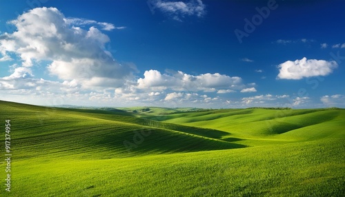 A green field with rolling hills under a blue sky with some clouds