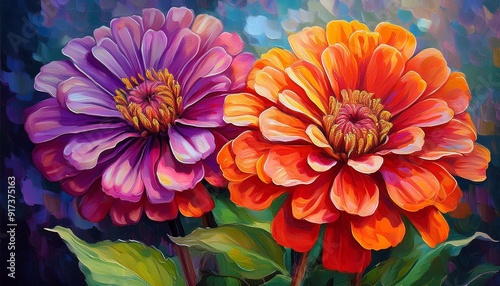 A close-up oil painting of three zinnia flowers in a garden setting. The flowers are vibrant red, orange, and purple