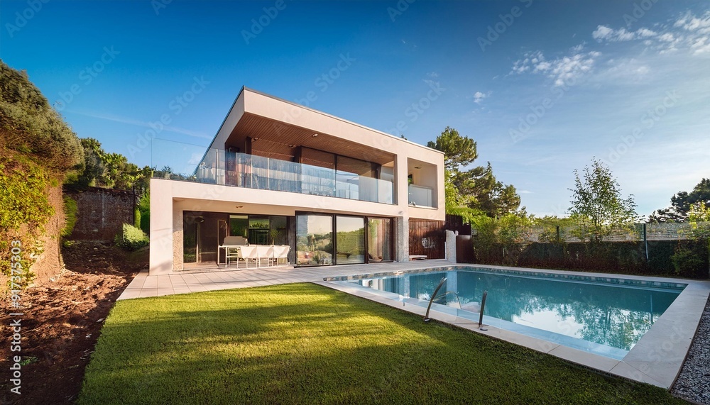 A modern house with a pool in the front yard on a sunny day. A modern house with a pool in the front yard on a sunny day.