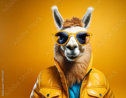 A stylish llama rocking sunglasses and a vibrant yellow jacket photo