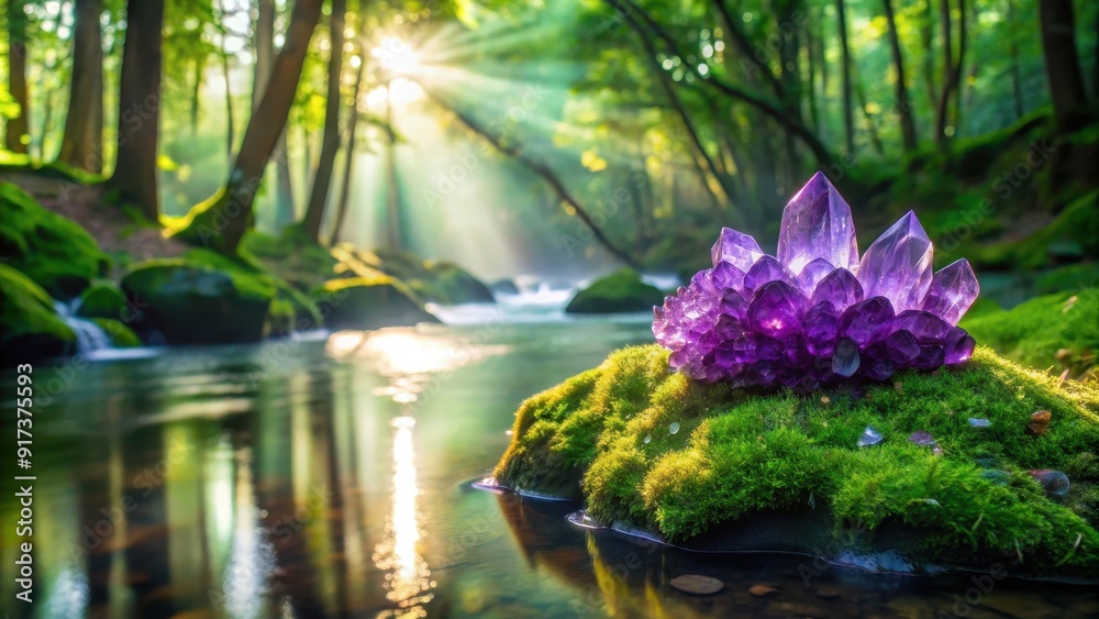 Vibrant amethyst cluster on a lush, mossy riverbank, morning dew glimmering, mystical aura in a serene forest, amethyst Vibrant amethyst cluster on a lush, mossy riverbank, morning dew glimmering, mystical aura in a serene forest, amethyst