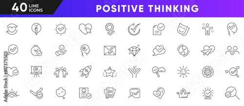 Positive thinking line icon set. Self-care, optimism, be loved, healthy lifestyle, happiness, management, solution, problem solving, thinking outline icon collection. UI thin line icon set.