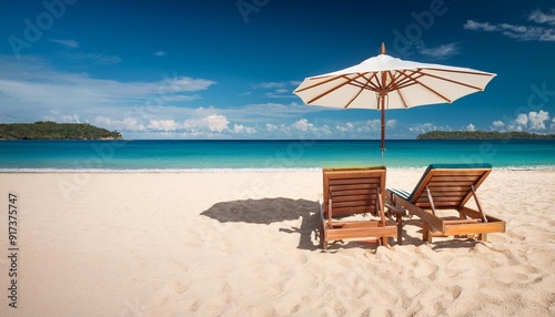 A serene beach with two lounge chairs and an umbrella