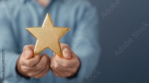 Worker holding a golden star award.