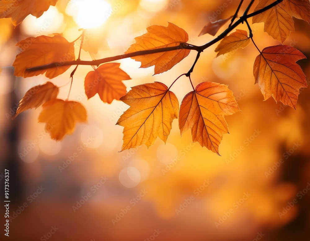 A close-up shot of autumn leaves on a branch, with a soft, out-of-focus background of golden light A close-up shot of autumn leaves on a branch, with a soft, out-of-focus background of golden light