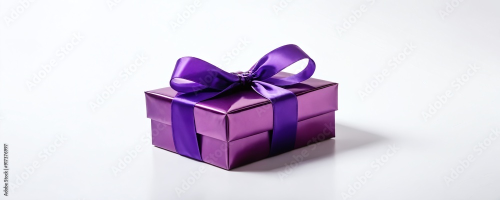 Bright purple gift box tied with ribbon on white surface Bright purple gift box tied with ribbon on white surface