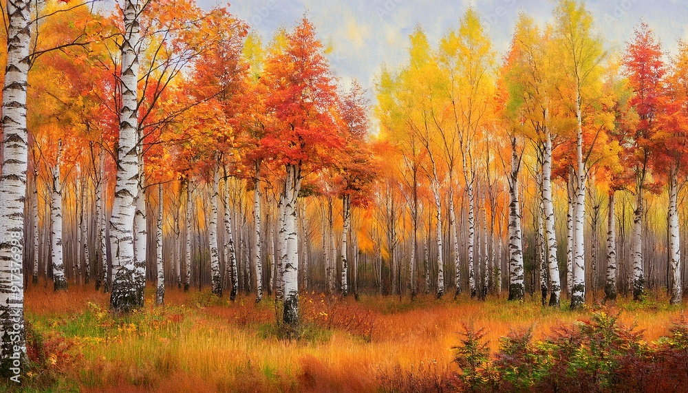 Fototapeta premium A colorful painting depicts a forest scene in autumn, featuring a dense grove of birch trees with leaves in shades of red, orange, and yellow