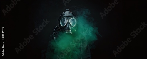 Mysterious figure wearing gas mask surrounded by green smoke in dark environment photo