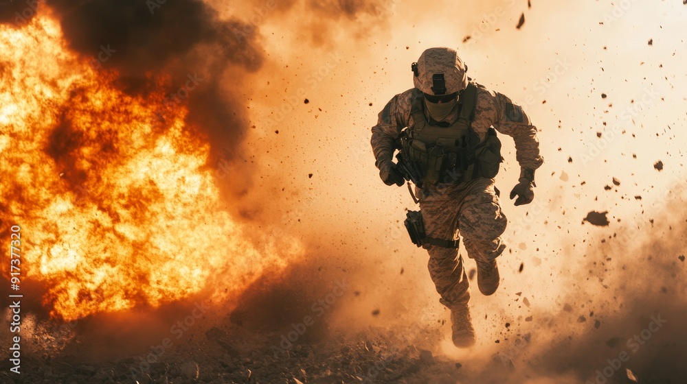Heroic Soldier escaping explosion during combat. Battlefield and survival Heroic Soldier escaping explosion during combat. Battlefield and survival
