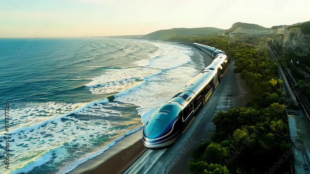High-speed train glides smoothly along picturesque coastline as sun sets over horizon. Waves crash against shore, creating serene atmosphere, while vibrant sky reflects hues of orange and pink,
