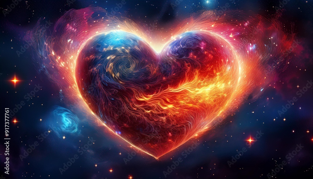 Obraz premium A heart-shaped planet engulfed in flames, floating amidst the stars and a swirling nebula