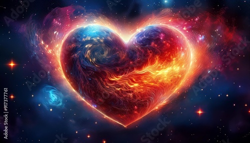A heart-shaped planet engulfed in flames, floating amidst the stars and a swirling nebula