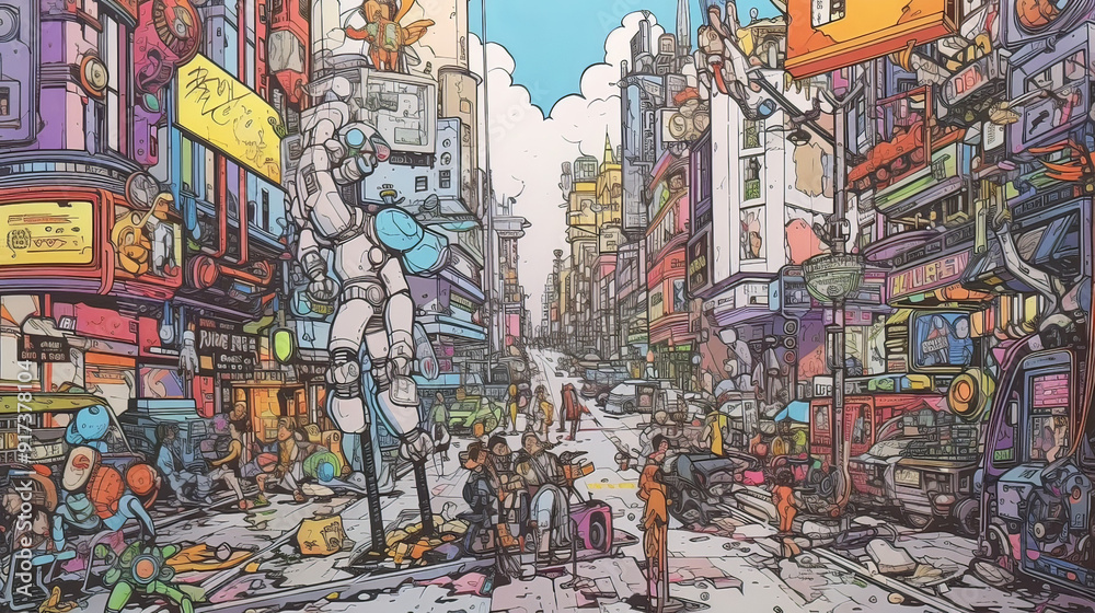 Naklejka premium A colorful cartoon drawing of a futuristic cityscape, in the style of rough comic sketch, white background, flat colors, color markers, sleek buildings with holographic advertisements, robot
