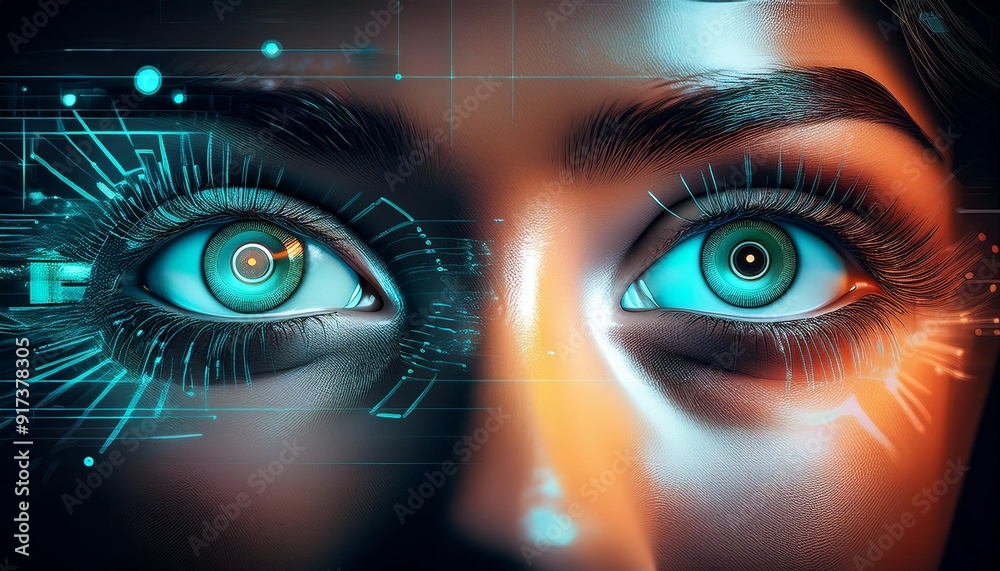 Augmented Reality conceptual illustration Eyes with holographic elements or heads-up displays, representing futuristic technology or augmented reality Augmented Reality conceptual illustration Eyes with holographic elements or heads-up displays, representing futuristic technology or augmented reality