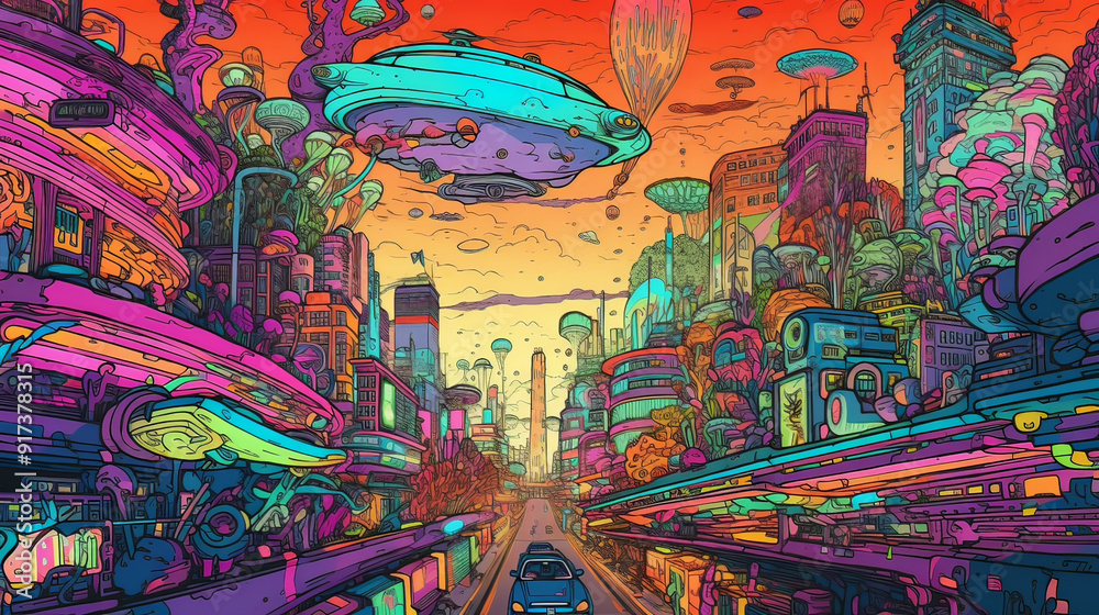 Obraz premium A colorful cartoon drawing of a futuristic cityscape, in the style of rough comic sketch, white background, flat colors, color markers, a city at night with vibrant neon signs, drones patroll