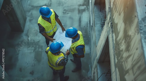 Bauarbeiter überprüfen Baupläne vor Ort im Bauwesen
