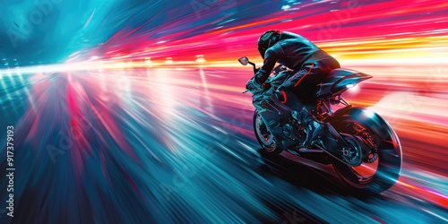 A motorcycle rider speeding through a neon-lit tunnel.