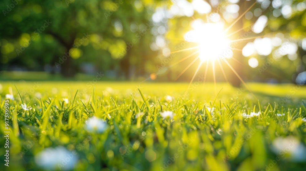 Obraz premium Close-up of grass with small white flowers in a sunlit park