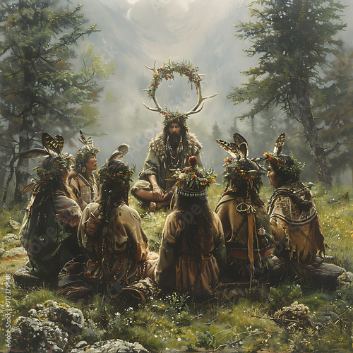 Arrival of spring group of elders gathers impart their wisdom next generation of hunters gatherers teaching them ancient techniques rituals that have sustained their people for countless generations photo