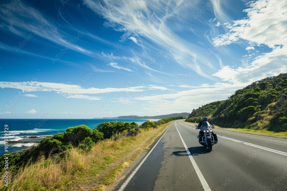 A motorcyclist rides along a scenic coastal road under a clear blue sky with wispy clouds, flanked by lush greenery and a sparkling ocean. A motorcyclist rides along a scenic coastal road under a clear blue sky with wispy clouds, flanked by lush greenery and a sparkling ocean.