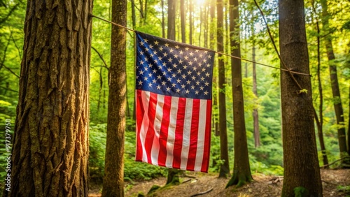 A vibrant flag tied to a tree in a lush forest setting, flag, tree, nature, green, colorful, symbol, outdoors photo