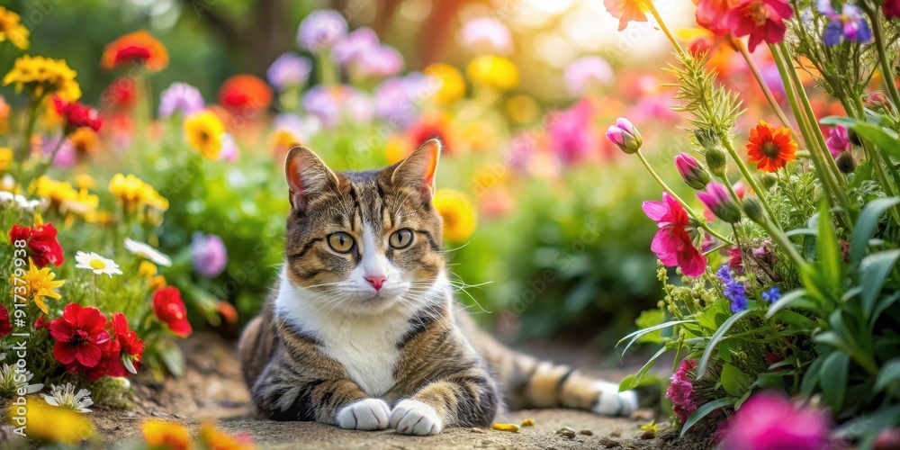 Cat relaxing in a lush garden surrounded by vibrant flowers and greenery, feline, pet, animal, relaxing, garden, flowers Cat relaxing in a lush garden surrounded by vibrant flowers and greenery, feline, pet, animal, relaxing, garden, flowers