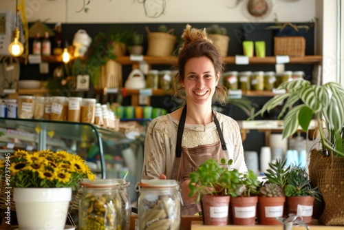 A cheerful shopkeeper stands behind a counter filled with plants and artisanal products, exuding warmth and welcoming ambiance.