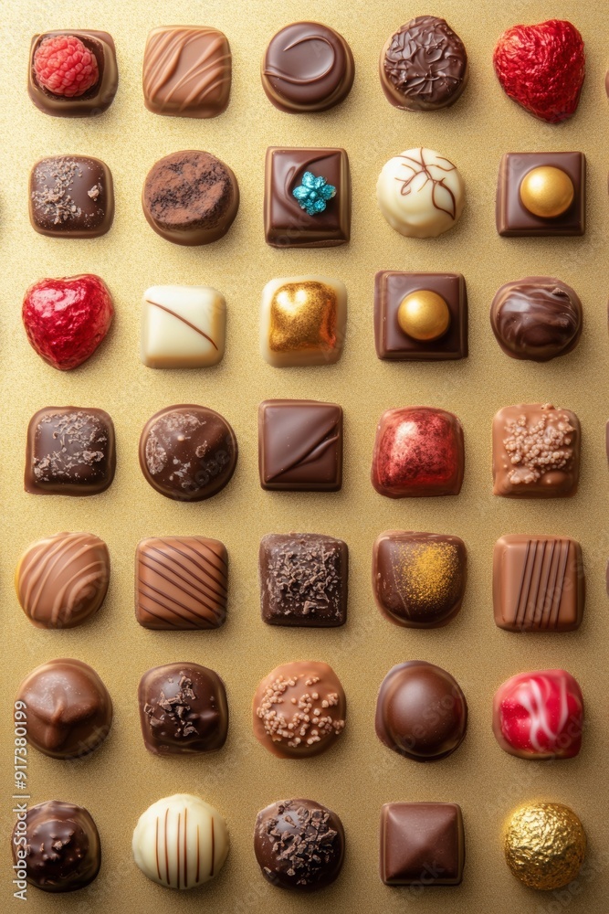 chocolate candies and various sweets on golden background. Festive season concept chocolate candies and various sweets on golden background. Festive season concept