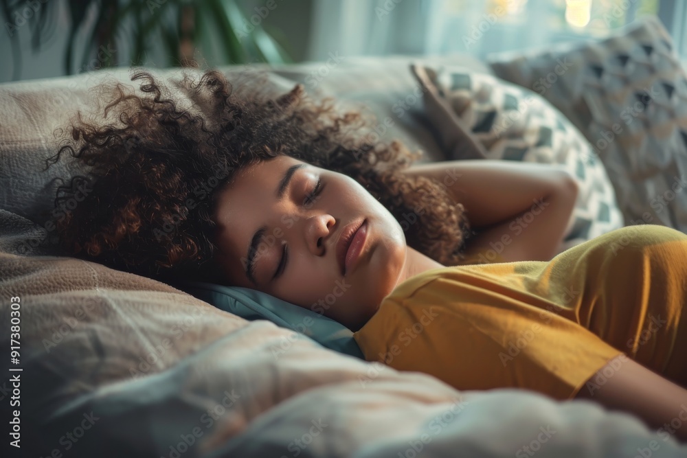 A young person peacefully sleeps on a couch, surrounded by soft pillows, highlighting a moment of rest and tranquility in a cozy home environment. A young person peacefully sleeps on a couch, surrounded by soft pillows, highlighting a moment of rest and tranquility in a cozy home environment.
