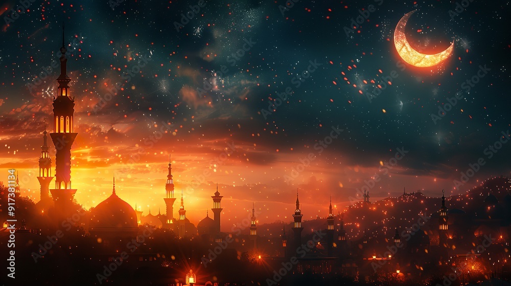 Fototapeta premium Ornate architecture illuminated by lanterns at night in Mosque,AI Generative.