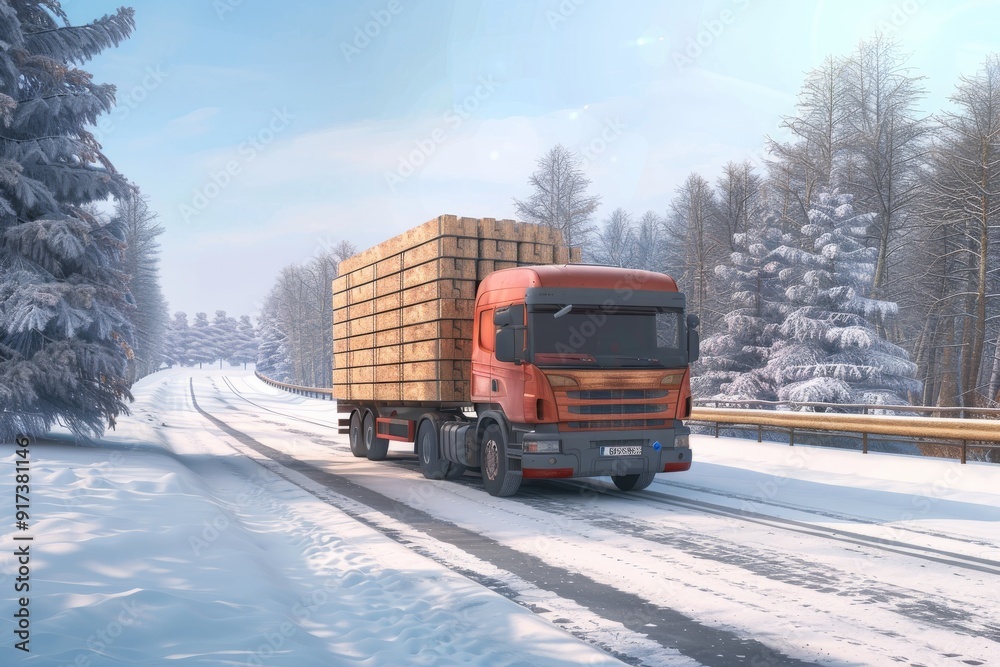 A truck carrying large logs travels through a wintery forest with snow-covered trees and a pale blue sky, highlighting the essence of winter transport. A truck carrying large logs travels through a wintery forest with snow-covered trees and a pale blue sky, highlighting the essence of winter transport.