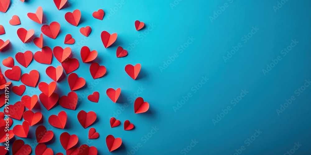Red paper hearts scattered on a vibrant blue background, love, romance, Valentine's Day, celebration, decoration Red paper hearts scattered on a vibrant blue background, love, romance, Valentine's Day, celebration, decoration