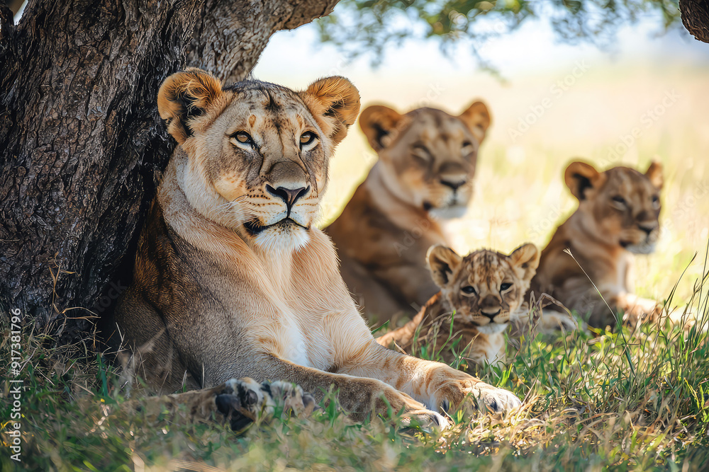 Serene Safari Moment: A Pride of Lions Finds Repose Under the Shade of a Tree in the Vast African Grasslands While Guarding Their Cubs. Serene Safari Moment: A Pride of Lions Finds Repose Under the Shade of a Tree in the Vast African Grasslands While Guarding Their Cubs.