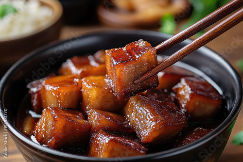 Delicious, tender braised pork belly glistening in a rich sauce, skillfully balanced in chopsticks over a bowl. Perfect for food enthusiasts! photo