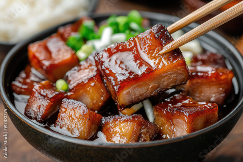 Mouthwatering braised pork belly glistening with rich glaze, held by chopsticks in a bowl, surrounded by vibrant, fresh green onions and rice. photo