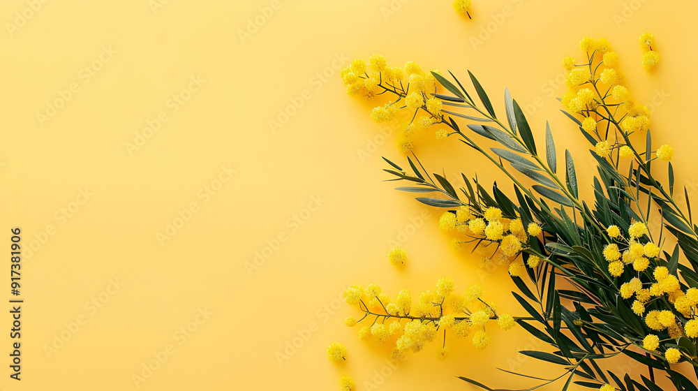 Beautiful mimosa bouquet against a pale yellow backdrop Beautiful mimosa bouquet against a pale yellow backdrop