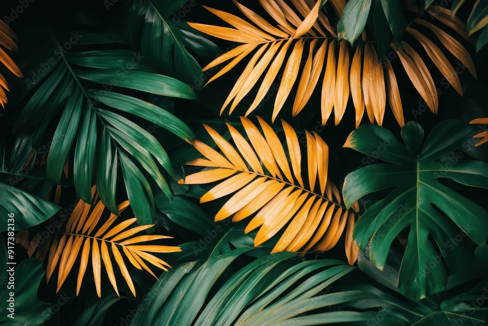 Naklejka premium Golden leaves on a verdant background: tropical plant photography for wallpapers showcasing palm leaves
