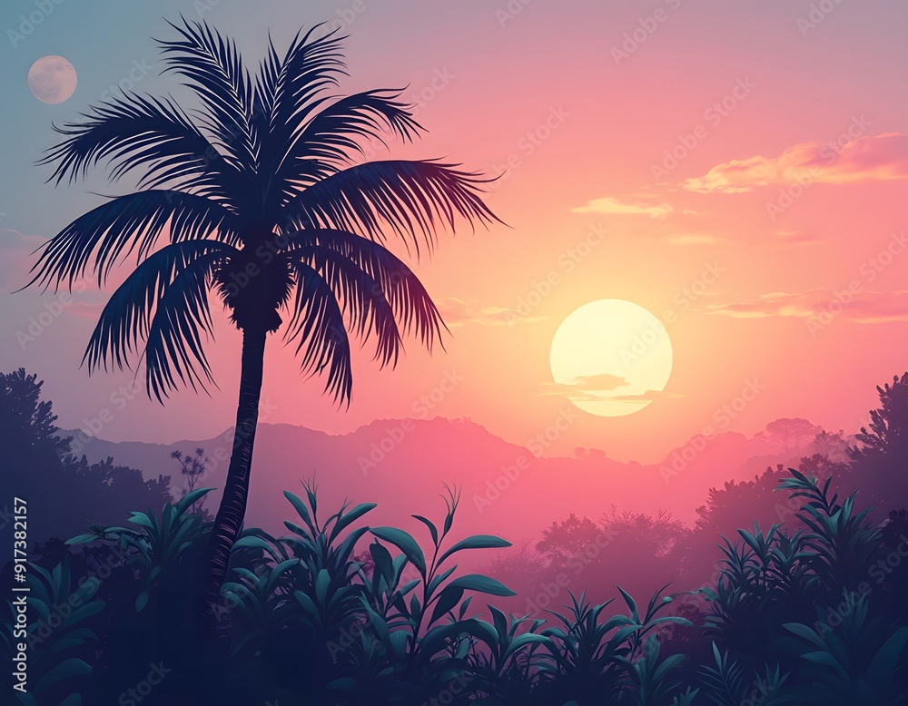 Obraz premium palm trees and orange vibe sun