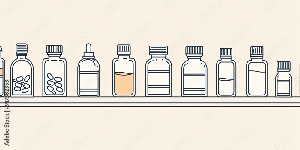 Line drawings of bottles on a shelf. Line drawings of bottles on a shelf.