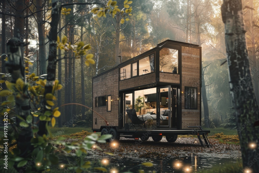 Fototapeta premium A cozy tiny house on wheels rests in a serene forest, bathed in soft, warm light with fairy lights twinkling, creating an enchanting and inviting ambiance.