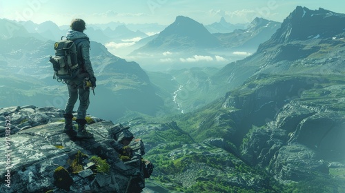 A hiker stands on a rocky ledge overlooking a vast valley with mountains at sunrise