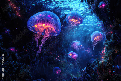 Mesmerizing glowing jellyfish illuminate a magical deep-sea world, surrounded by bioluminescent plants and mysterious anglerfish in an aquatic glow. photo