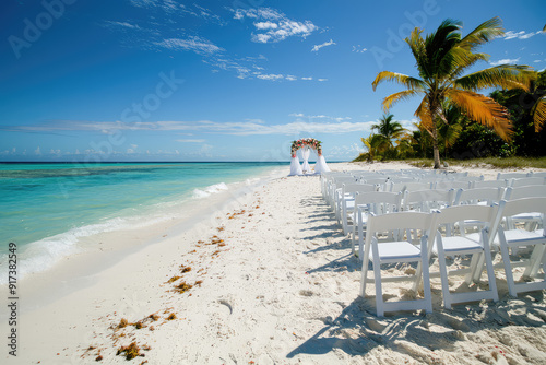 Exotic beach wedding setup at a tranquil, white sandy shore with turquoise waters under a radiant blue sky, awaiting a beautiful ceremony. photo