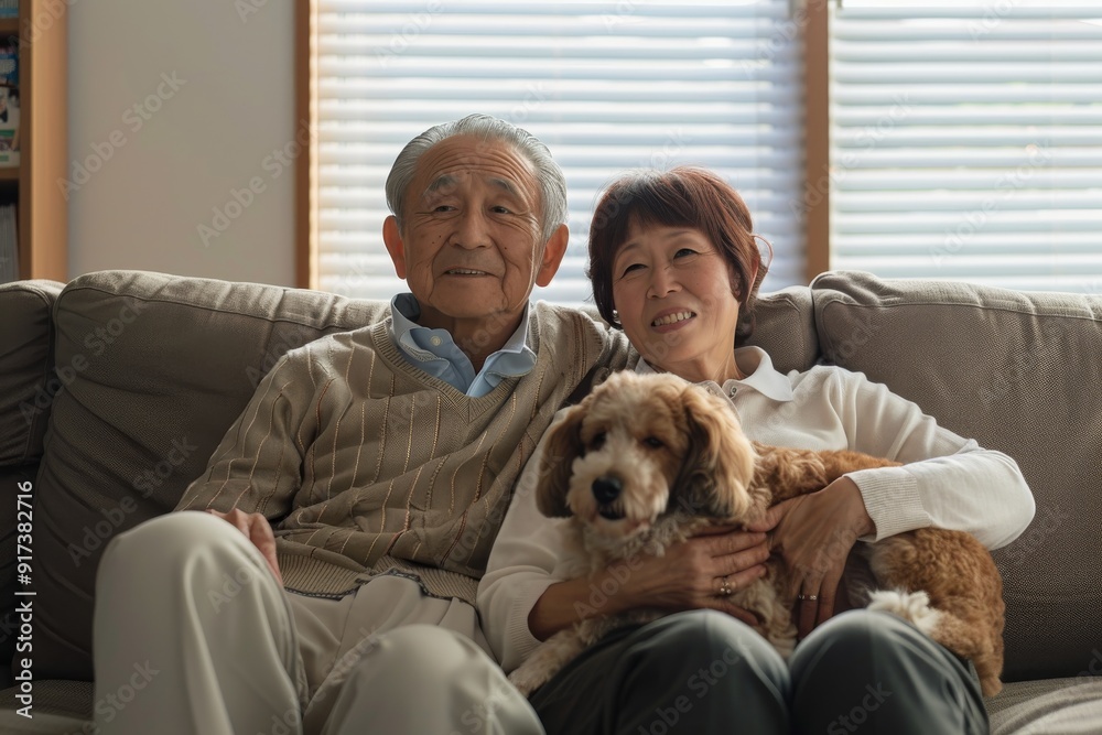 A content elderly couple sits on a sofa with their beloved dog, embodying warmth, love, and peaceful companionship. A content elderly couple sits on a sofa with their beloved dog, embodying warmth, love, and peaceful companionship.