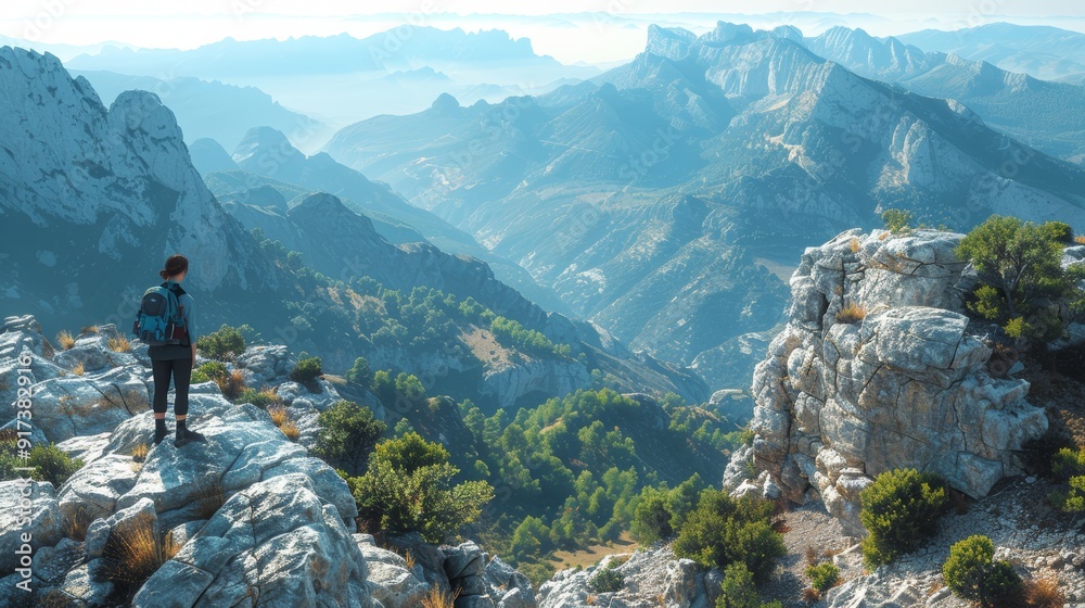 Hiker enjoying stunning mountain views during early morning in a tranquil natural landscape Hiker enjoying stunning mountain views during early morning in a tranquil natural landscape