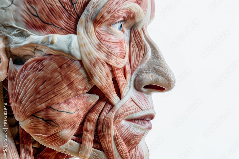Anatomical model of a human face exposing muscular structure and tissues, showing intricate details against a plain background. Anatomical model of a human face exposing muscular structure and tissues, showing intricate details against a plain background.