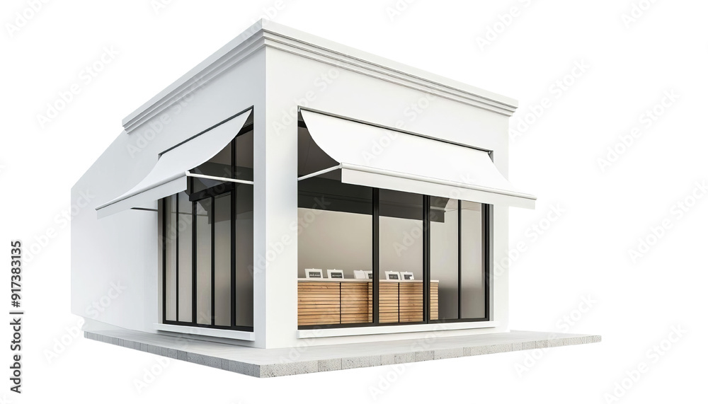 Modern retail store with large glass windows, featuring stylish awnings. Ideal for showcasing contemporary architecture. Modern retail store with large glass windows, featuring stylish awnings. Ideal for showcasing contemporary architecture.