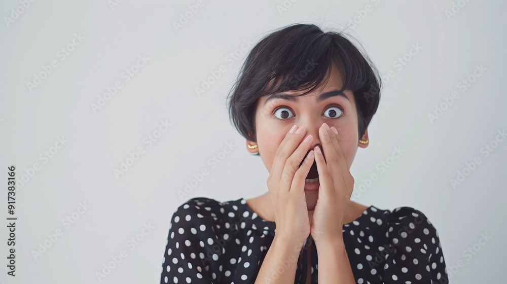 asian woman covering mouth with her hands, looking surprised and shocked. white background, space for Text,copy, caption asian woman covering mouth with her hands, looking surprised and shocked. white background, space for Text,copy, caption